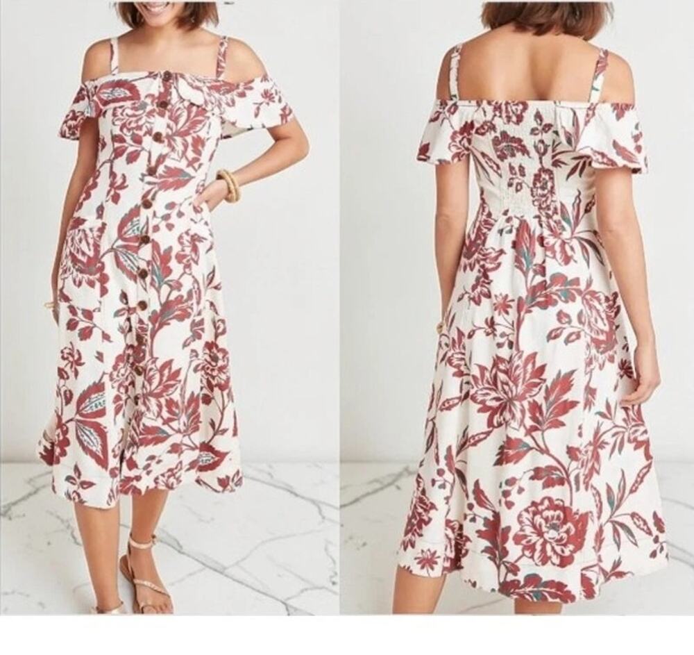 Anthropologie Oahu Floral Cold Off Shoulder Button Front Midi Dress Cream Size 8